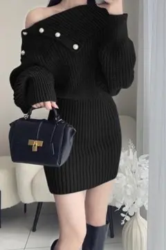 【 新品未使用 】GRL パールボタンオフショルニットワンピース tu1278