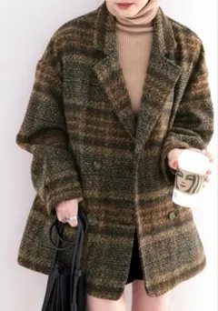 美品　クラシカルエルフ　ブークレー起毛チェック柄ダブルジャケットコート　サイズM