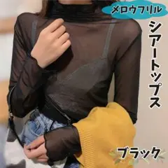 シースルー ハイネック シアー トップス 長袖 カットソー フリル ブラック