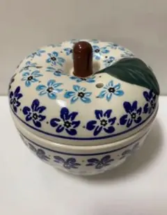 ポーリッシュポタリー りんごポット大 未使用 水色青色花柄
