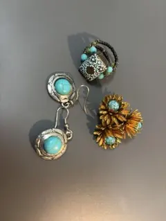 ターコイズ アクセ　３点セットリングピアスブローチ