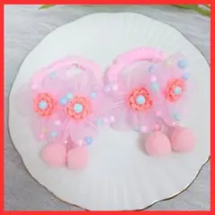 キッズ ベビー ヘアゴム チュール シュシュ 花 ビーズ ピンク 2個セット