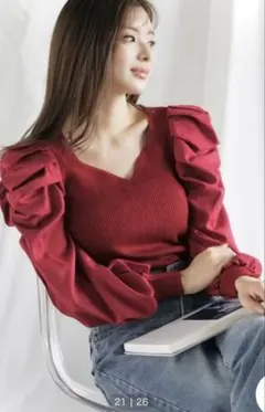 新品　【Jasmine】Vネックパワショルニットプルオーバー　レッド