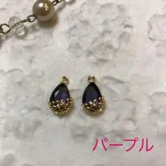 ガラス製滴型チャームパーツ　カン付きフラワーフレーム 2個セット　パープル