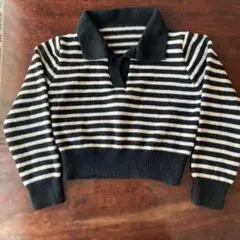 ストライプポロカラー長袖ニットセーター