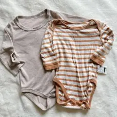 ベビー 肌着【70】【90】ベージュ ストライプ 長袖 秋服 冬服 綿100