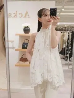 acka flower lace gather tops ブルー - メルカリ