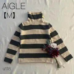 エーグル　ハイネックセーター　ウール混　ボーダー柄　　ベージュ×ブラック　【M】