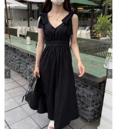 Vネックノットストラップフレアジャンパースカート キャミワンピース ロング丈