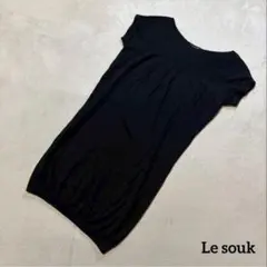 ㊻ルスークニットカットソー半袖ニットワンピースタイトひざ丈黒カジュアルキレイめＭのサムネイル