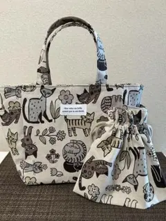 猫柄サイドポケット付きトートバッグ巾着袋セット