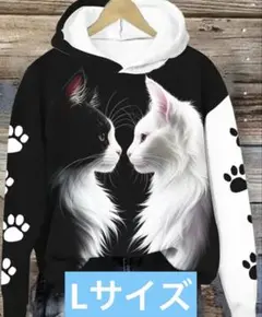 女性用ブラック＆ホワイトキャットプリントフーディー