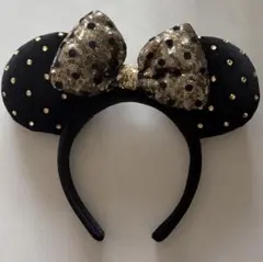 ディズニー　ミニーカチューシャ　黒 金 ドット　ゴールド　スパンコール