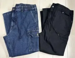 大きめのサイズ　デニムカーゴパンツ ブラックパンツ2本セット