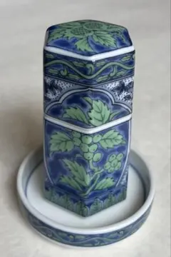 美濃焼 庫山窯 青華緑彩 つまようじ入れ + 皿付