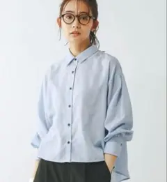 GLOBAL WORK イージーケアリネンバックフレアシャツ サックスブルーL