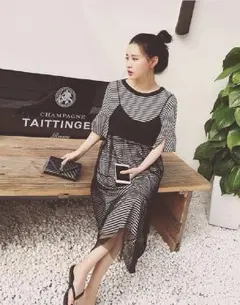 【早い者勝】レースキャミ＋ボーダーワンピースセット　L　a310