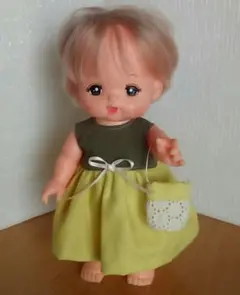 ハンドメイド　メルちゃん服ワンピース　カーキ×ライトグリーン　レースバックセット