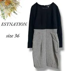 美品 ESTNATION 長袖膝丈ワンピース 36 白黒 千鳥格子 4116のサムネイル