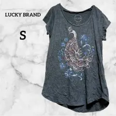 美品✨LUCKY BRAND 半袖Tシャツ 【S】 グレー 裾にポイント 孔雀