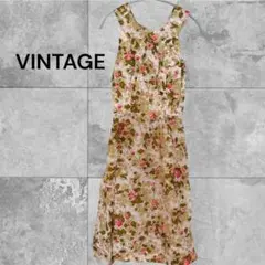 VINTAGE フラワープリント ロングワンピース 花柄 レトロ ピンク 緑