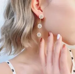 フラワーパール 3連ピアス ロングピアス ブライダル おしゃれ