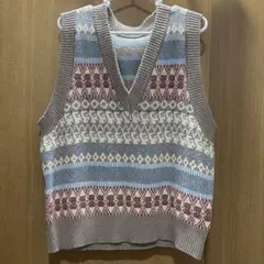 Vネック ニットベスト 重ね着 ブラウン