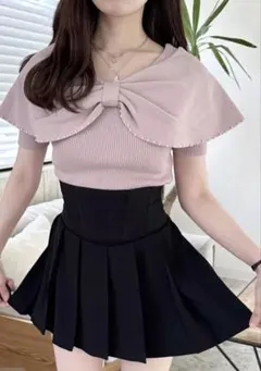 パールリボンニットトップス[dr672a] ピンク