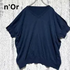 ノアール　ニットトップス　半袖　ネイビー 【F】 Vネック ドルマンスリーブ