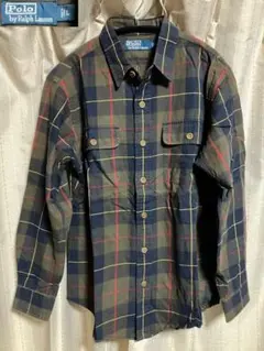 90s ポロ ラルフローレン L 長袖 チェック シャツ レザー エルボーパッチ