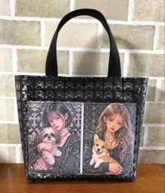 ハンドメイド　期間限定レアパネルワンちゃんとクールな女の子トートバッグのサムネイル