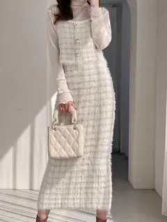 シャギーニットチェック柄トップスXタイトスカートセットアップ