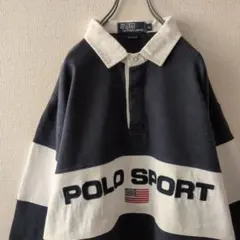 90s ポロバイラルフローレン 刺繍センターロゴ ラガーシャツ XL 紺×白