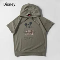 【Disney】ミッキーマウス 半袖 スウェットパーカー カーキ Sサイズ