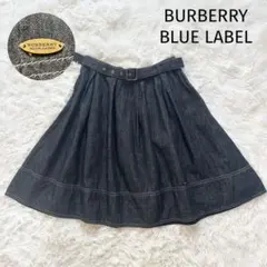 バーバリーブルーレーベル ミニスカート 膝丈 デニム ベルト 濃紺 フレア 36