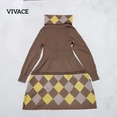 B4-4191　タートルネックニットワンピース　ひざ丈　アーガイル【VIVACE