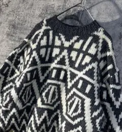 【モノトーン 幾何学柄 ニットセーター】灰色×白Mサイズ ビンテージ