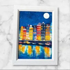 2L額付き 水彩画風AIアート 夜景 街並み インテリア 北欧