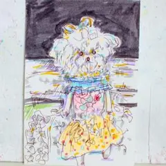 「プードル（ホワイト）のミニぬいぐるみ」 水彩画イラスト 原画 はがきサイズ