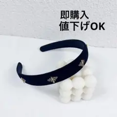 ブラック 花装飾 カチューシャ　ベルベットカチューシャ ハチ　モチーフ　韓国風