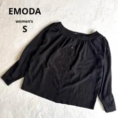 【エモダ】EMODA デコルテギャザーブラウス 半袖 黒 ボリューム袖 S