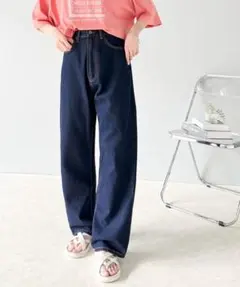 【CLASSICAL ELF】ゆったりハイウエストワイドストレート無地デニム