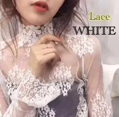 シースルー　トップス　レース　ホワイト　レディース　ハイネック　レイヤード