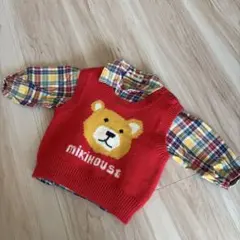 ミキハウス　ニット　ホットビスケッツ　くま　チェック　長袖　シャツ　70〜80