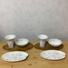 Rare Time 花柄 和モダン 陶器 3点食器セット&木製プレート付き