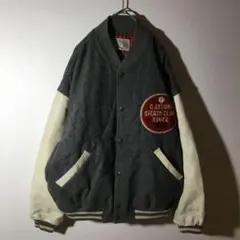 【個性派古着】スタジャン　袖レザー　バイカラー　豪華ワッペン　グレー　メンズＭ