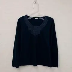 レース装飾カットソー長袖コットン刺繍 ネイビーM