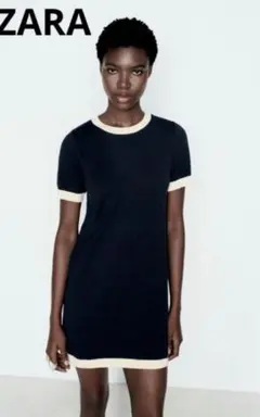 ZARA プレーンニット　ミニワンピース　ネイビー×エクリュ　S