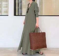 オリーブグリーン 長袖 シャツワンピース