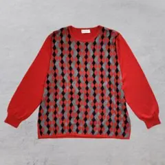 アーガイル柄 ニット セーター 長袖 レッド クルーネック レトロ ダイヤ柄